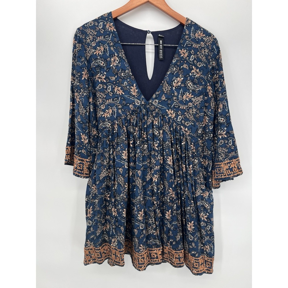 Design Lab Deep V Neckline ‎ Blue Tunic paisley  3/4 sleeves Boho  Dress Size S